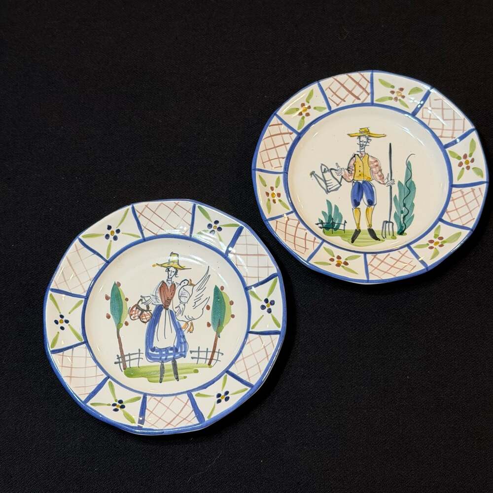 B. Stebner Signed Hand-Painted Pottery Folk Art Plates (Pair), 1995 Suffield, OH